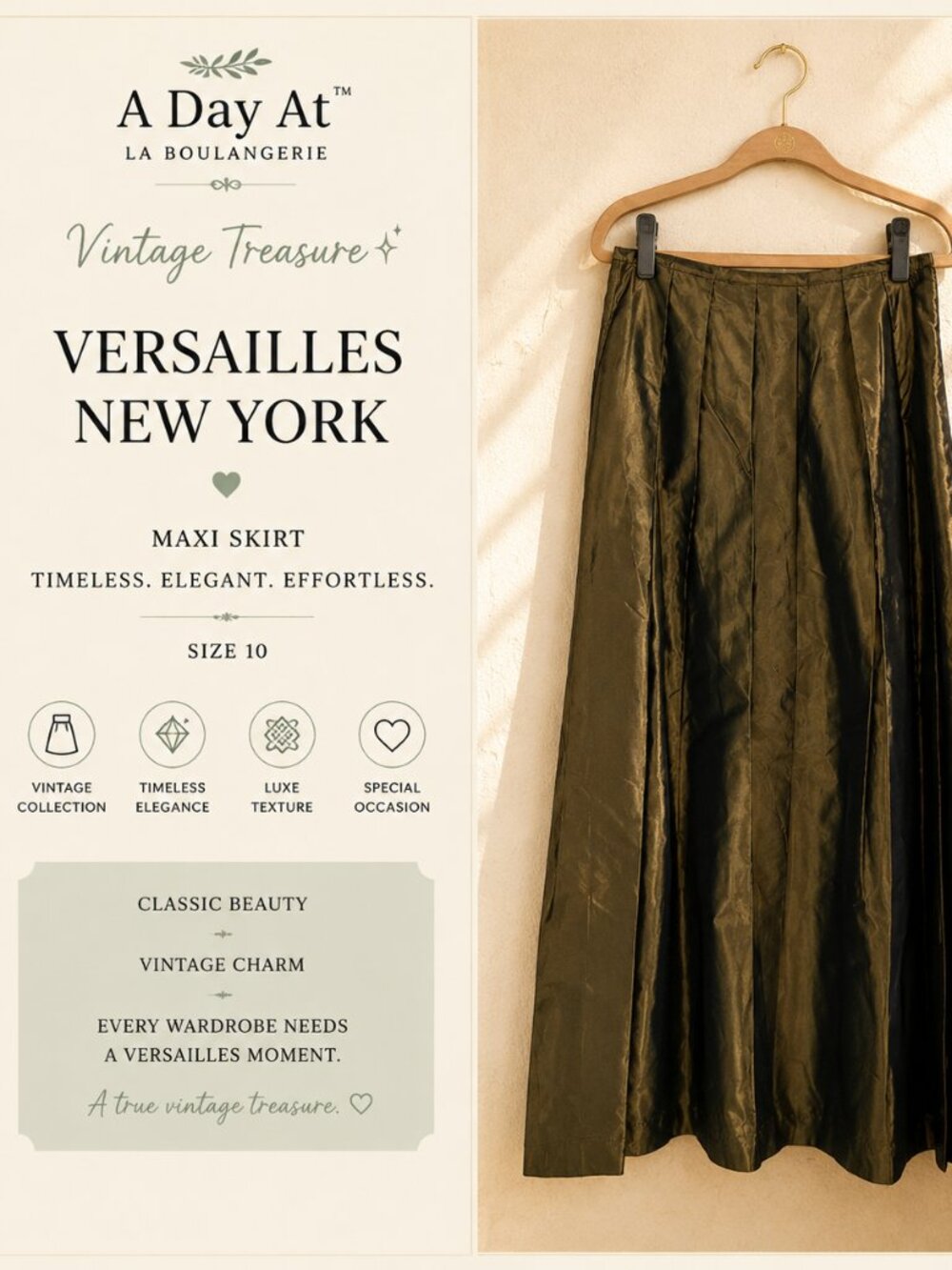Romantic Vintage Versailles New York Olive Maxi Skirt Size 10 Quiet Luxury